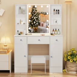 Teousev White Modern Smart LED Vanity Set with Lighted Mirror, 3 Drawers & Stool, 3 Color Dimmable & Easy Assembly Makeup Desk