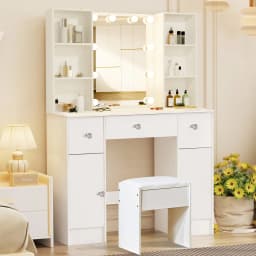 Teousev White Modern Smart LED Vanity Set with Lighted Mirror, 3 Drawers & Stool, 3 Color Dimmable & Easy Assembly Makeup Desk