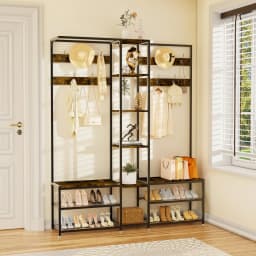 178cm Tall Hall Tree with Shoe Rack Bench and 10 Hooks Entryway Coat Rack Shoe Storage Organizer for Hallway Bedroom