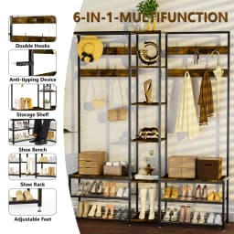 178cm Tall Hall Tree with Shoe Rack Bench and 10 Hooks Entryway Coat Rack Shoe Storage Organizer for Hallway Bedroom
