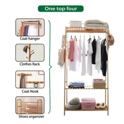 Bamboo Clothes Rail Stand Garment Rack Heavy Duty with 3 Tier Storage Shelves