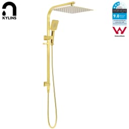**Sydney Stock** KYLINS Twin Square 2 In 1 Rain Shower Head Set Sliding Rail Wall Arm Diverter Brushed Gold DIY WELS WATERMARK