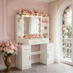 Teousev White Modern Dressing Table Makeup Vanity Dresser with Mirror 4 Drawers Storage Organizer Home Bedroom Vanity Desk