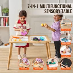 SucceBuy Wooden Sensory Table for Kids Activity with 3 Foldable Storage Bins&Double-Sided Board Indoor/Outdoor Drawing Studying