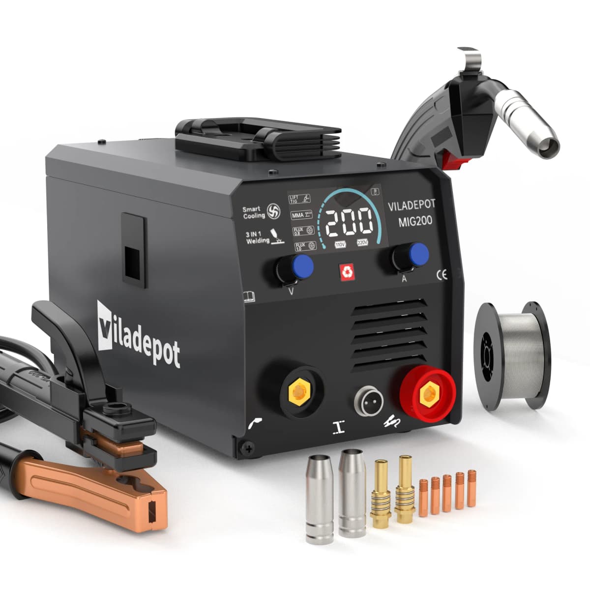 Viladepot 200A MIG Welder IGBT Inverter MIG200 3-in-1 Flux-cored Wire Without Gas/Lift TIG/MMA Welding Machine 220V