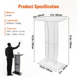 SucceBuy 47" Acrylic Podium Stand Floor-Standing Clear Pulpit Acrylic Desktop Lecterns w/ Storage Shelf for Office Church School