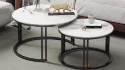 LUVODI Round Nesting Coffee Table Set of 2 Sintered Stone Top Metal Frame Sofa Side End Tables for Living Room