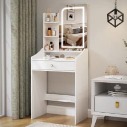 Black Modern Vanity Set with Led Bulbs Lighted Mirror, 1 Drawer, 3 Color Dimmable, Easy Assembly Bedroom Makeup Desk
