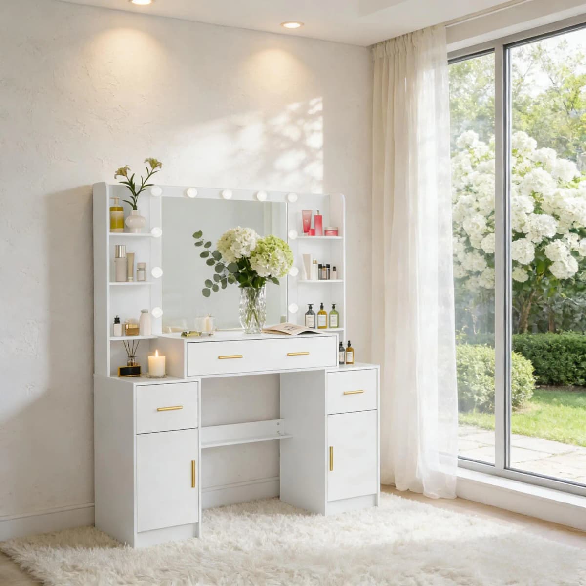 Modern White Home Bedroom Dressing Table Makeup Vanity Dresser with Large Mirror & 4 Storage Drawers Organizer Vanity Desk