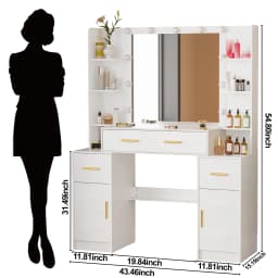 Modern White Home Bedroom Dressing Table Makeup Vanity Dresser with Large Mirror & 4 Storage Drawers Organizer Vanity Desk