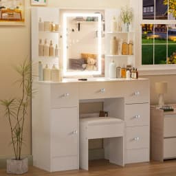 White Modern Vanity Set with Led Lighted Mirror & Stool, Jewelry Organizer Drawers, Bedroom Dressing Table for Women