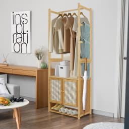 Clothes Stand with Cabinet Free-standing Bamboo Open Garment Rack with Storage Shelves Hanging Clothes Rack for Living Room