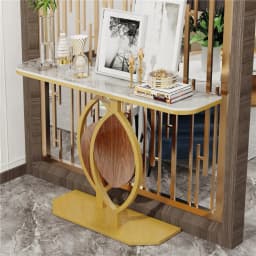Marble Console Table for Entrance Hallway Wood Leaf Shape with Stable Gold Legs