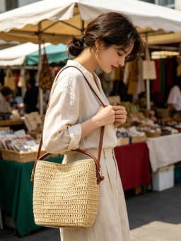 New Arrival Raffia Woven Large Capacity Bucket Bag with Leather Trim, French Lazy Vacation Style Shoulder Bag
