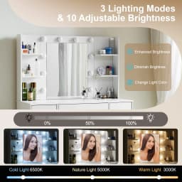 Modern White Vanity Table, 10 Dimmable LED Bulbs, 3 Color Adjustable Mirror, Storage Organizer