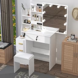 White Vanity Desk Set, 10 LED Bulbs 3 Color Dimmable Mirror, with Stool & Storage, Bedroom Dressing Table
