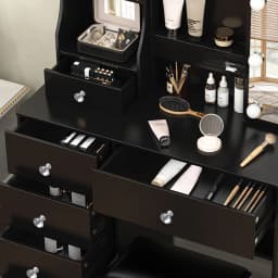 Teousev Black Vanity Set, 3 Color Dimmable LED Sliding Mirror, 6 Drawers & Stool, Easy Assembly Bedroom Makeup Dressing Table