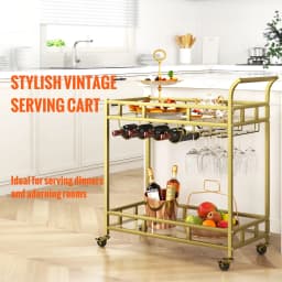 SucceBuy Bar Cart Gold Home Bar Serving Cart on Lockable Wheels with Tempered Glass Shelves for Home Kitchen Dining Living Room