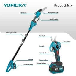 YOFIDRA 8 Inch Brushless Telescoping Pole Electric Chainsaw Scissors High Branch Garden Pruning Tool For Makita Battery Pin