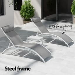 3 Piece Sun Lounge Outdoor Chaise Set Steel Patio Garden Furniture With Table and Chairs