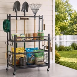 Garden Tool Organizer Rack 16 Slot Rolling Garage Storage Cart with Hooks