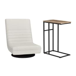 Modern Floor Lounge Chair and Coffee Table Set Swivel Foldable Linen Sofa Chair White C Shaped Side Table Walnut