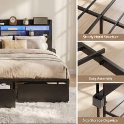 King Bed Frame with Charging Station Storage Drawers LED Lights Storage Organizer Platform Bed