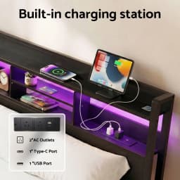 King Bed Frame with Charging Station Storage Drawers LED Lights Storage Organizer Platform Bed