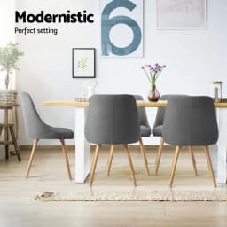 Set of 4 Grey Fabric Dining Chairs Wooden Legs Modern Upholstered Kitchen Chairs