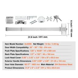 SucceBuy Push Bar Door Locks Stainless Steel Bars for Exit Doors with Exterior Lever Push Bar Panic Exit Device Door Hardware