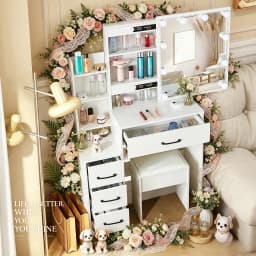 Modern Dressing Table Set, LED Sliding 3 Color Lighting Mirror, Vanity Desk with Stool & Bedroom Storage