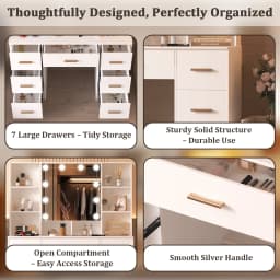 LED Light Bulbs Dressing Table with Mirror 7 Drawers Makeup Vanity Desk Organizer for Bedroom Storage