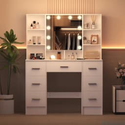 LED Light Bulbs Dressing Table with Mirror 7 Drawers Makeup Vanity Desk Organizer for Bedroom Storage