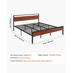 SucceBuy Bed Frame 14Inch Black Metal Platform Bed Frame with Retro Brown Wooden Headboard and Footboard Large Under-Bed Storage