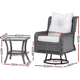3 Piece Outdoor Furniture Bistro Set Grey Wicker Swivel Chairs with Table and Cushions Patio Garden Conversation Set
