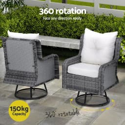 3 Piece Outdoor Furniture Bistro Set Grey Wicker Swivel Chairs with Table and Cushions Patio Garden Conversation Set