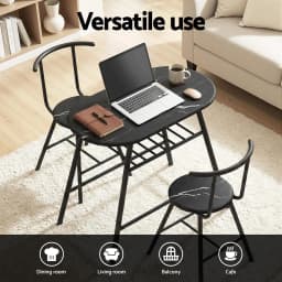 3 Piece Bistro Dining Table Set with Storage Shelf and Wine Rack Black Marble Style Kitchen Furniture