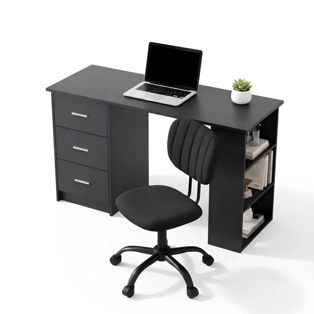 120cm Computer Desk with 3 Drawers and Open Shelves Ergonomic Armless Office Chair with Wheels Height Adjustable for home Office Study