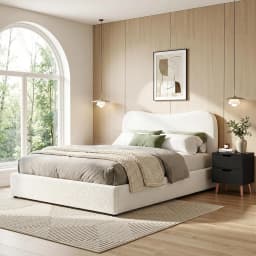 Double Bed Frame and Bedside Table Set Boucle Beige with Black Headboard and Nightstand Modern Upholstered Bedroom Furniture Set
