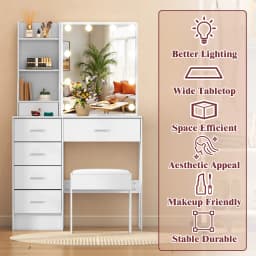 Dressing Table with LED Mirror and Stool, Makeup Vanity Desk Set, 10 Lights Dimmable Mirror, 6 Drawer Bedroom Vanity Furniture