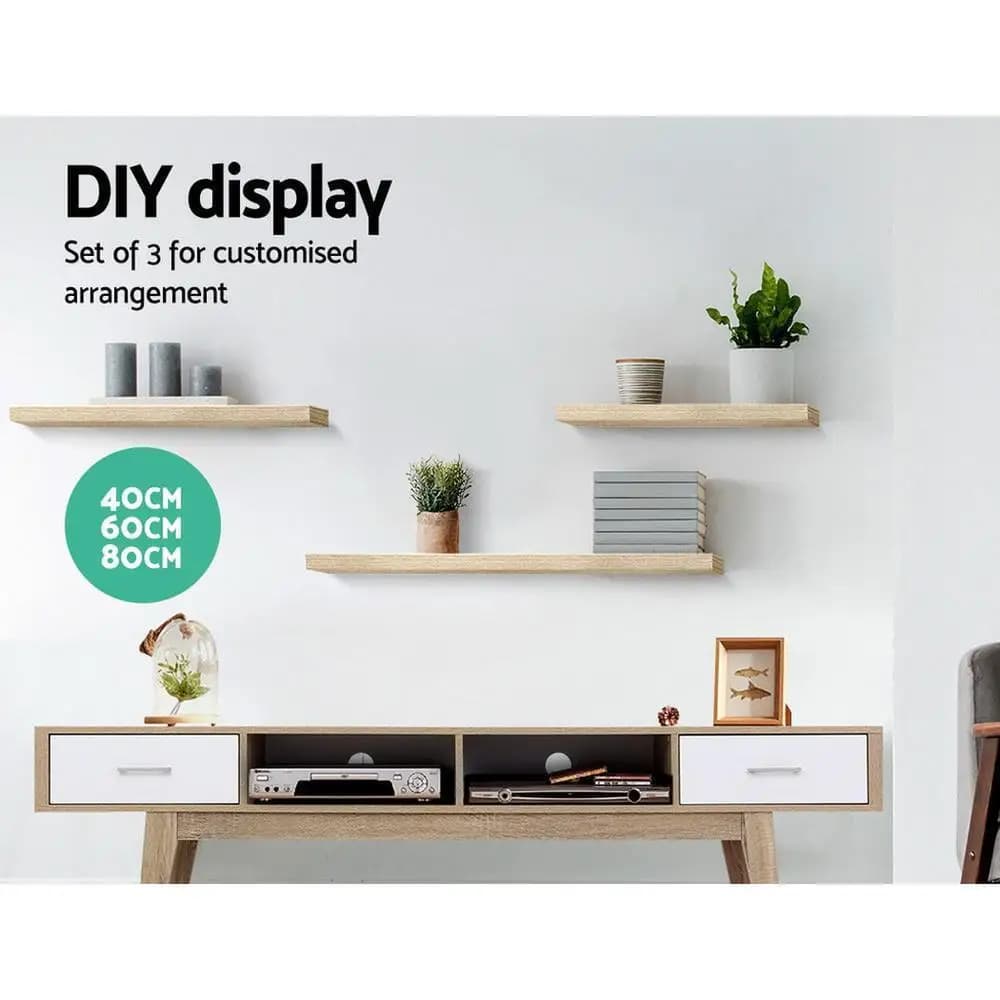 Floating Wall Shelf Set of 3 Solid Oak Wood Display Shelves for Home Storage and Decor