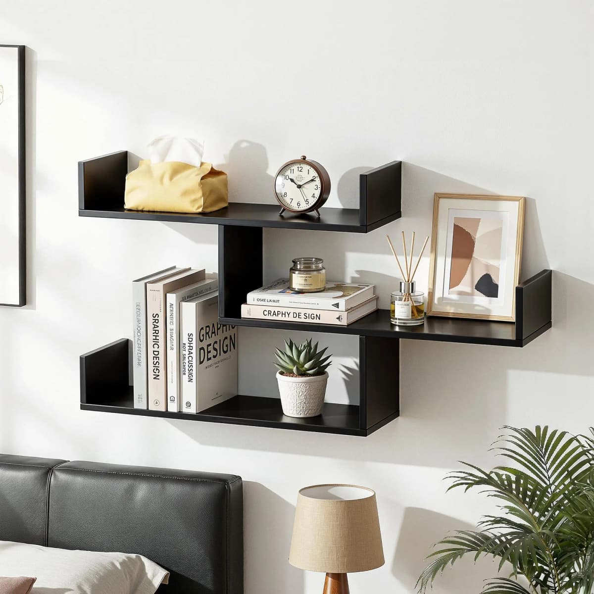 3 Tier Black Floating Wall Shelf Space Saving Wall Mounted Display Organizer for Home Bedroom Kitchen Bathroom Storage