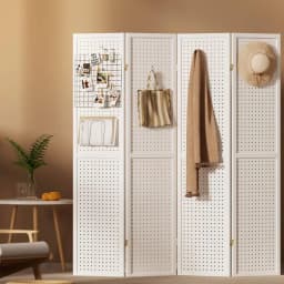 4 Panel White Pegboard Room Divider Screen 164x170cm Freestanding Folding Partition Organizer Display Backdrop