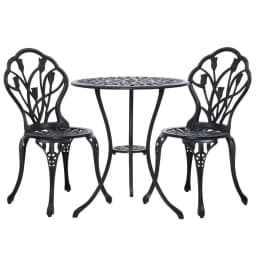 3PC Outdoor Bistro Set Cast Aluminum Patio Table and Chairs Tulip Design Black Garden Furniture