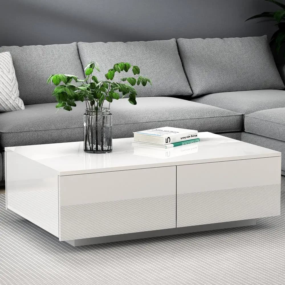 White Rectangular Coffee Table with 4 Storage Drawers Modern Living Room Center Table for Home Office Use