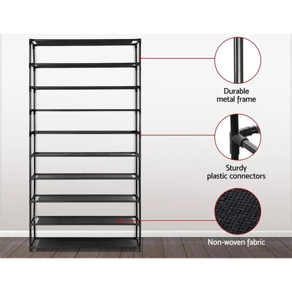 50 Pair 10 Tier Stackable Shoe Rack Cabinet Black Space Saving Storage Organizer