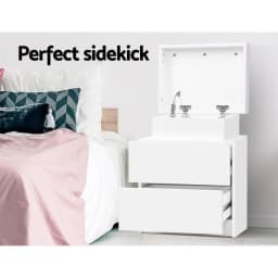 Bedside Table White 2 Drawer Lift Up Storage Nightstand Wooden Side Table for Bedroom Living Room Compact Organizer Furniture