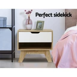 White Oak 1 Drawer Bedside Table with Open Shelf Modern Nightstand Storage Cabinet for Bedroom Living Room Small Space Furniture