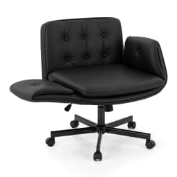 Cross Legged Office Chair with Wheels Adjustable Armrests Ergonomic PU Leather Swivel Vanity Chair for home Bedroom Computer Black