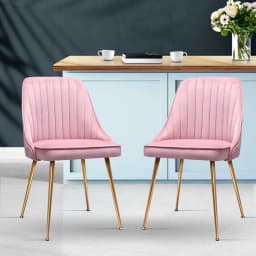 Pink Velvet Channel Tufted Dining Chairs Set of 2 Modern Upholstered Accent Chairs for Kitchen and Dining Room